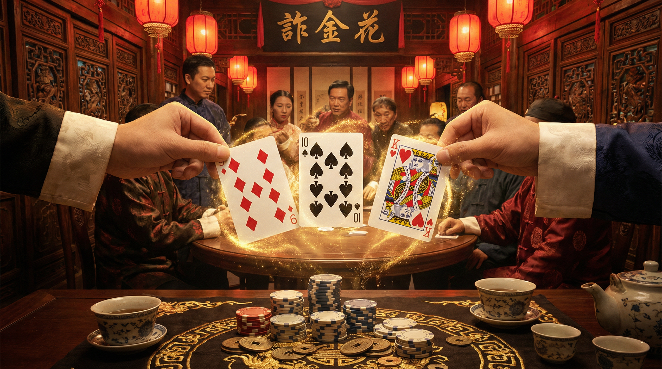 炸金花游戏桌面展示三张扑克牌和筹码
